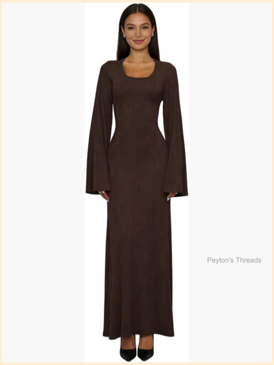 Dresses & Skirts - Scoop Neck Lace Up Ribbed Maxi Dress Knit Flare Sleeve Bodycon Long Dress